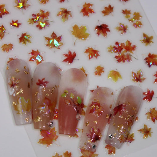 Fall Nail Stickers Thanksgiving 5D Embossed for Glitter Maple Leaves Glitter Nail Art 3D Self-Adhesive Nails Decoration Autumn Holiday Nail Decals DIY for Women Girls Manicure Supplies 4 Sheets