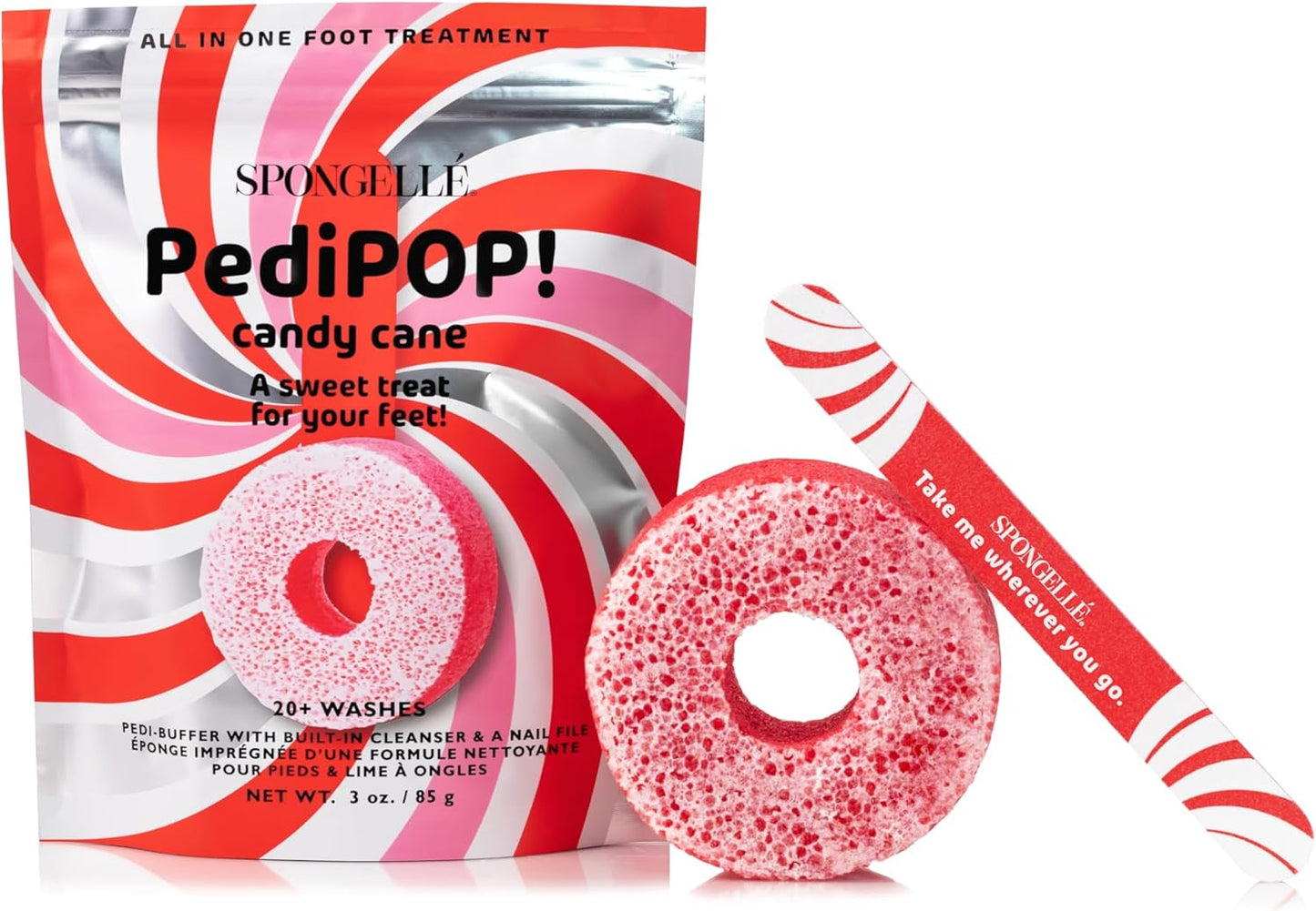 Spongellé Candy Cane Holiday PediPOP! Pedi Buffer & Nail File | All-in-One Pedicure Treatment | Exfoliates, Softens & Cleanses | 30+ Washes | Vegan & Cruelty-Free
