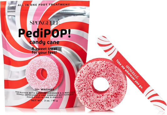 Spongellé Candy Cane Holiday PediPOP! Pedi Buffer & Nail File | All-in-One Pedicure Treatment | Exfoliates, Softens & Cleanses | 30+ Washes | Vegan & Cruelty-Free
