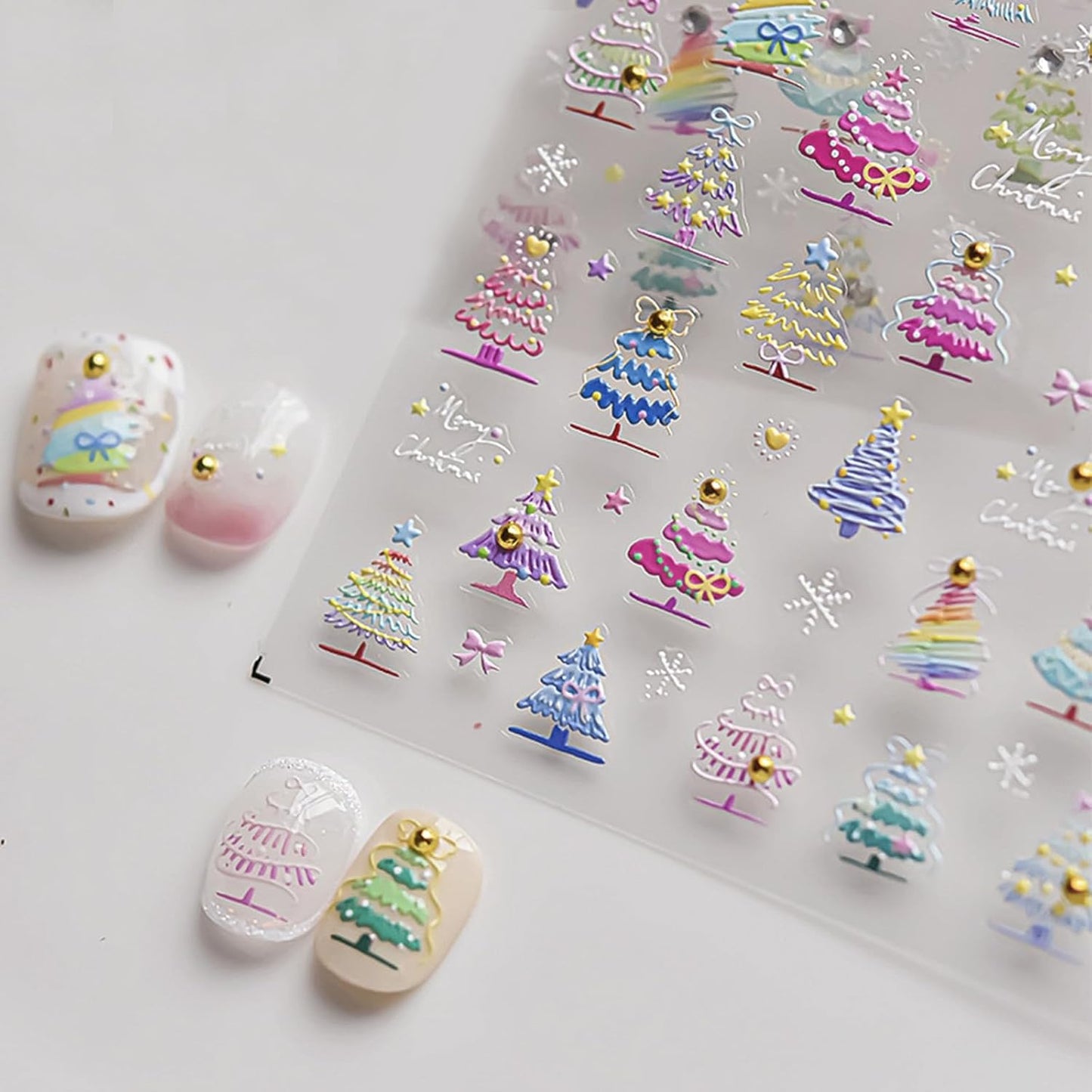 1 Sheet Cute Christmas Tree Nail Art Sticker 5D Embossed Colorful Christmas Tree with Gold Pearl Nail Sticker Decal Acrylic Nail Supplies for Women Girls DIY Nail Art Decoration