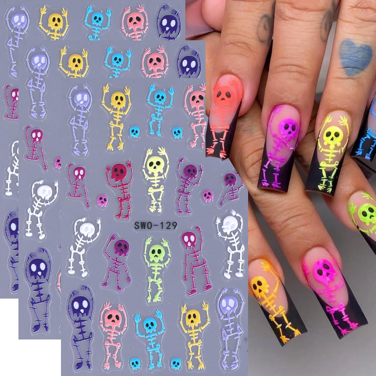 3 Sheets Halloween Skeleton Man Nail Art Stickers 5D Embossed Colorful Skull Nail Decals Funny Skeleton Bone Self-Adhesive Sliders Halloween Nail Art Supplies for Women Acrylic Nail Art Decorations