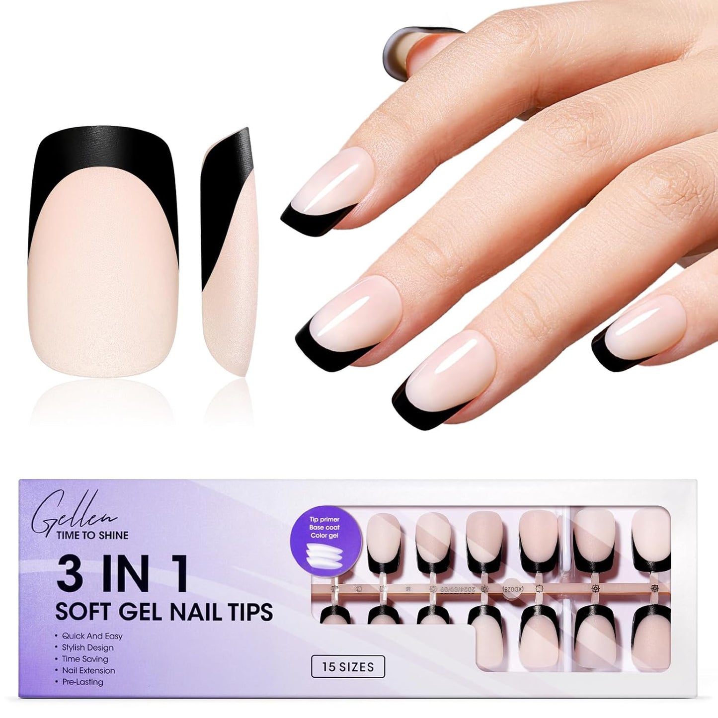 Gellen French Tip Press on Nails, Soft Medium Square French Gel Nails 150 Pcs, Classic Pink French Tip Nails, 3 in 1 No Need to File Natural Full Cover Tips 15 Sizes, Glue On Nails for Women Nails Art