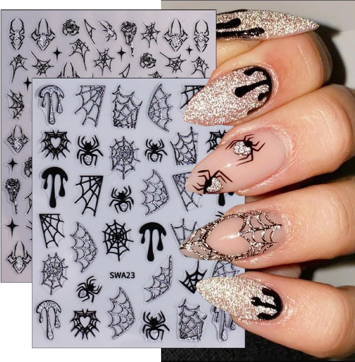 4 Sheets Halloween Nail Art Stickers Decals 3D Self-Adhesive Ghost Skull Cherry Nail Decals Holographic Glitter Design Bat Water Drop Spider Web Nail Stickers Holiday Nail Decorations for Women