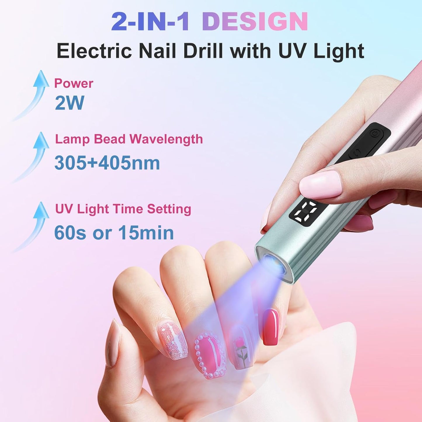 Cordless Electric Nail Drill with UV Light Lamp, 14 in 1 Electric Nail File Drill, 5 Speed LCD Display Rechargeable Professional Manicure Pedicure Kit(Gold) (Pink Blue)
