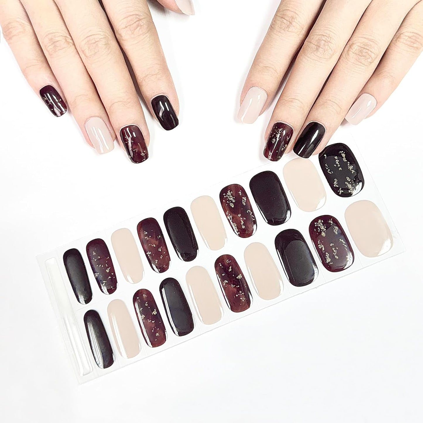 WOKOTO 1 Sheet Semi Cured Gel Nail Strips With Wood Stick, Nail File & Prepared Pads, 20 Tips Burgundy - Gold Glitter Semi Cured Nail Polish Strips, Harden With UV Light Gel Nail Wraps Stickers
