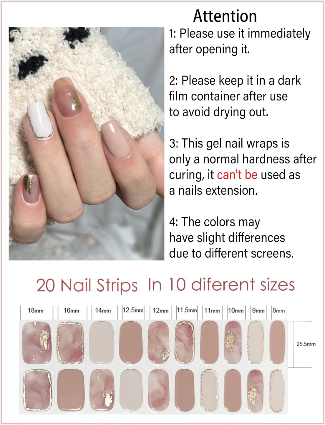 Semi Cured Gel Nail Strips, Brown Marble 20pcs Adhesive UV Sticker, Wraps for Home Manicure DIY