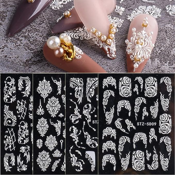 Flower Nail Stickers - 5D White Flowers Nail Art Decals Self-Adhesive Embossed Floral Rose Nail Art Supplies French Nail Designs DIY Wedding Manicure Decorations for Women Girls - 4 Sheets