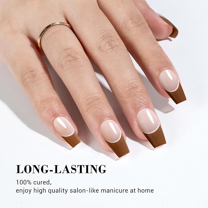 MelodySusie 30PCS Semi Cured Gel Nail Strips (Brown French Tips), Works with Nail lamp, Salon Quality, Long Lasting, Easy to Apply and Remove, Includes 2 Prep Pads, Nail File and Wooden Stick
