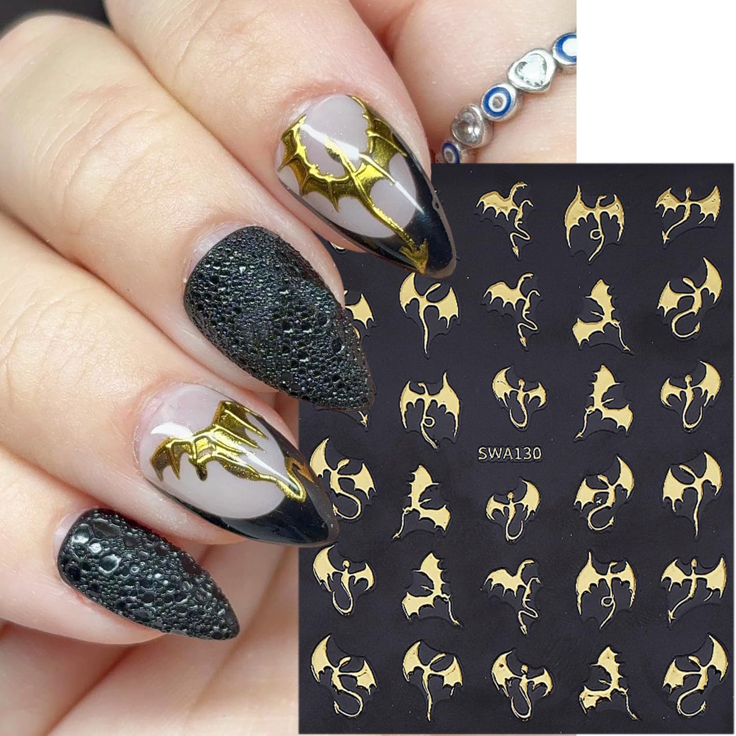 6 Sheets Halloween Nail Stickers for Nail Art Horror Bat Nail Decals Gold Silver Holographic Laser Gothic Dragon Nail Art Stickers 3D Self-Adhesive Halloween Bats Nail Design Supplies for Women