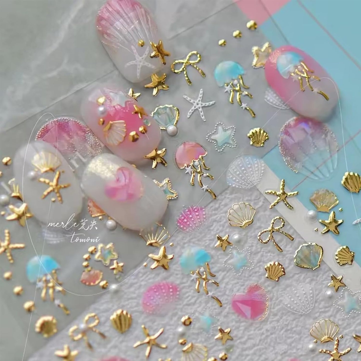 1 Sheets Summer Beach Nail Stickers for Nail Art 5D Embossed Nail Decals Shiny Silver Star Bow Seashell Starfish Design Ocean Theme Nail Art Stickers Summer Nails Sticker for Women Manicure Decoration