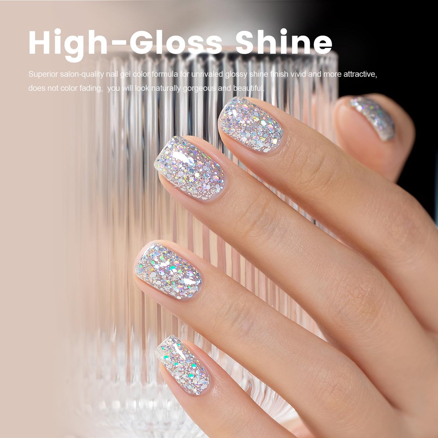 RARJSM Silver Glitter Gel Nail Polish Diamond Gelpolish Silver White Big Flakes Sparkly Chunky Iridescent Pigments Nail Gel Polish Soak off L e d U V Curing Required for Nail Art Salon Manicure