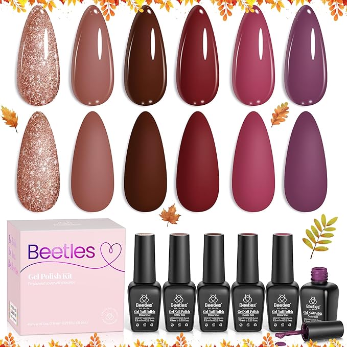 Beetles Winter Gel Nail Polish Set Plum Burgundy Red Brown Glitter 6Pcs Gel Polish Kit Soak Off UV LED Nail Lamp Art Manicure Salon DIY Home Gifts for Women Silent Flower