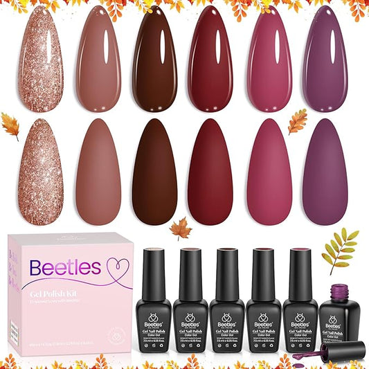 Beetles Winter Gel Nail Polish Set Plum Burgundy Red Brown Glitter 6Pcs Gel Polish Kit Soak Off UV LED Nail Lamp Art Manicure Salon DIY Home Gifts for Women Silent Flower