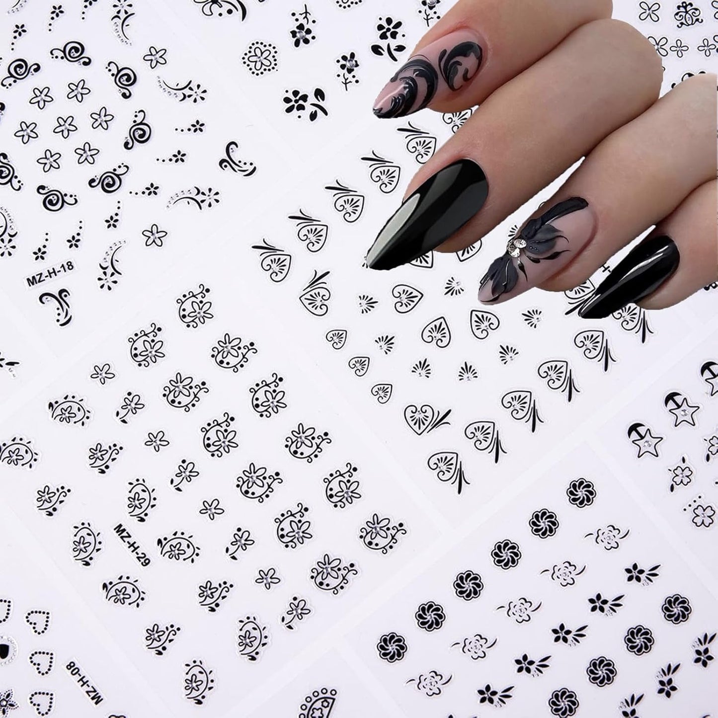 30 Sheets Black Flower Nail Art Stickers - Heart, Butterfly Design Charms - 3D Self Adhesive Nail Art Supplies for Women & Girls - Manicure Decoration Floral Nail Decals
