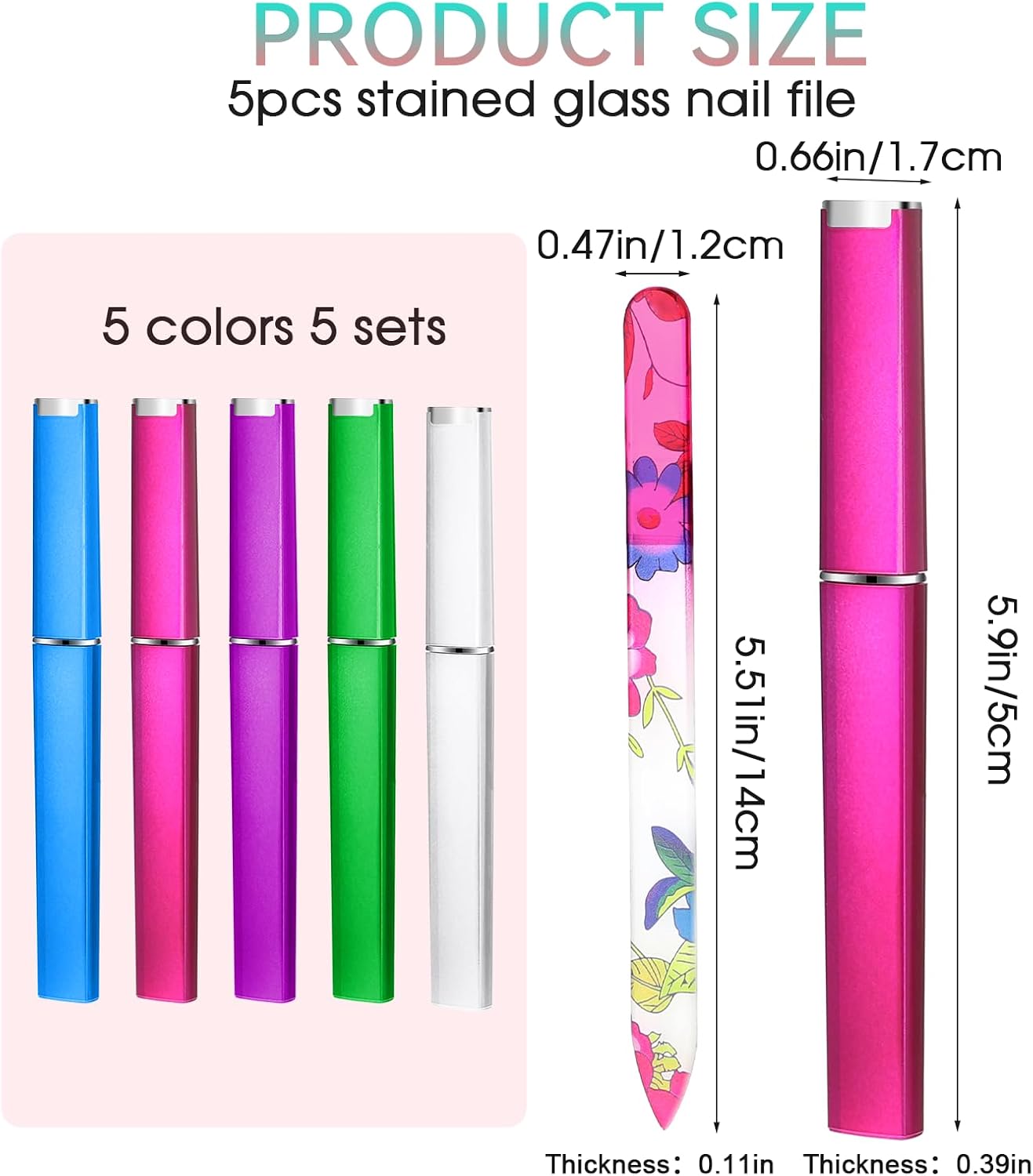 5 Pack Glass Nail File with Case Crystal Nail File Buffers Mixed Color Double Sided Glass Fingernail Files Cuticle Pusher Manicure Set for Women