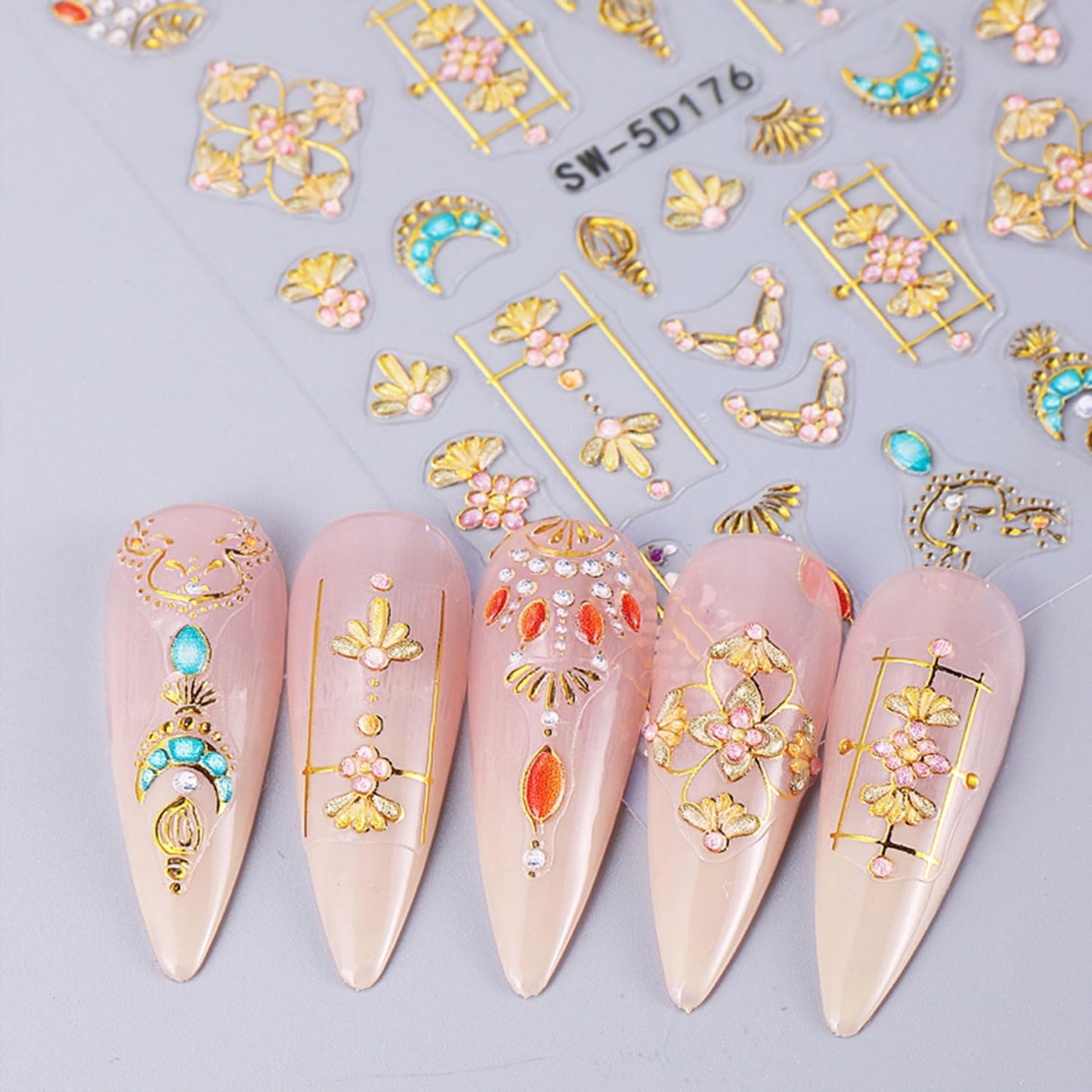 2 Sheets 5D Embossed Star Moon Nail Art Stickers Sun Rhinestones Nail Stickers Designs Nail Decals Supplies Self Adhesive Nails Sticker for Women DIY Acrylic Nail Accessories
