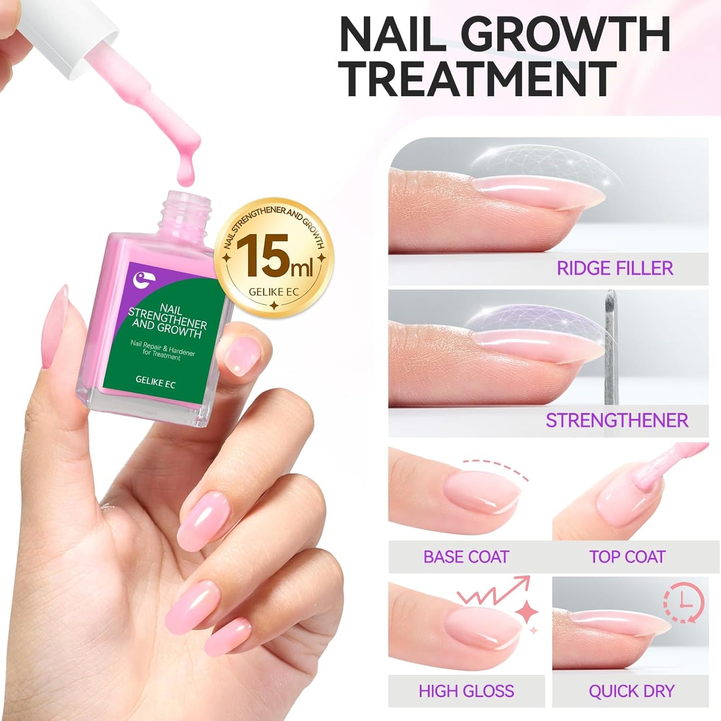 Nail Polish Strengthener and Growth Treatment: Pink Gelike EC 6 in 1 Natural Nail Hardener Extra Strong and Growth - Long Lasting Nail Repair for Damaged Nails - For Daily Work Home Salon