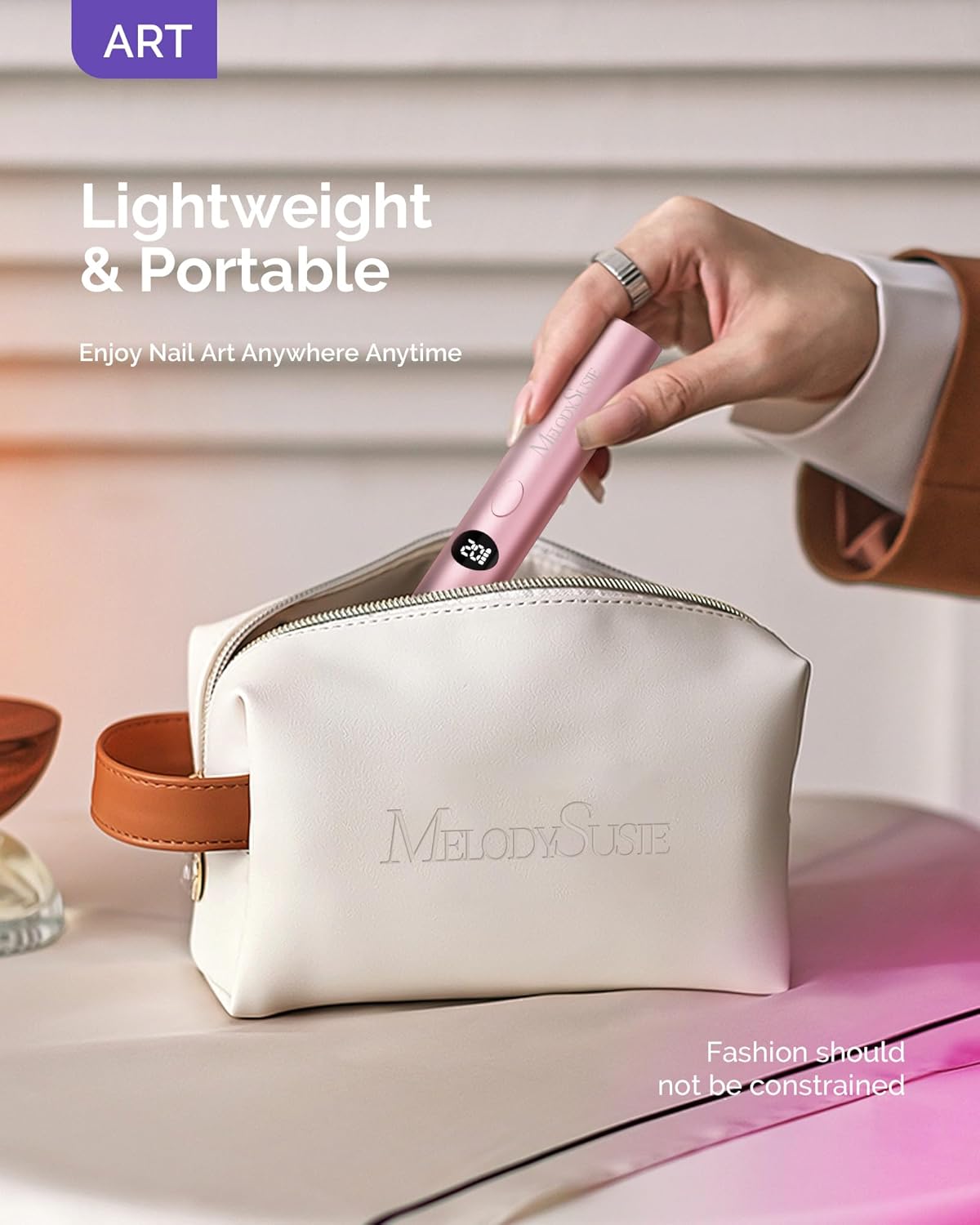 MelodySusie Handheld UV Light, ART01G Mini Portable Cordless Nail Lamp with LCD Display, Optical Lens, Acetone Resistant Case, Flash Cure for Rhinestone Glue, Pink