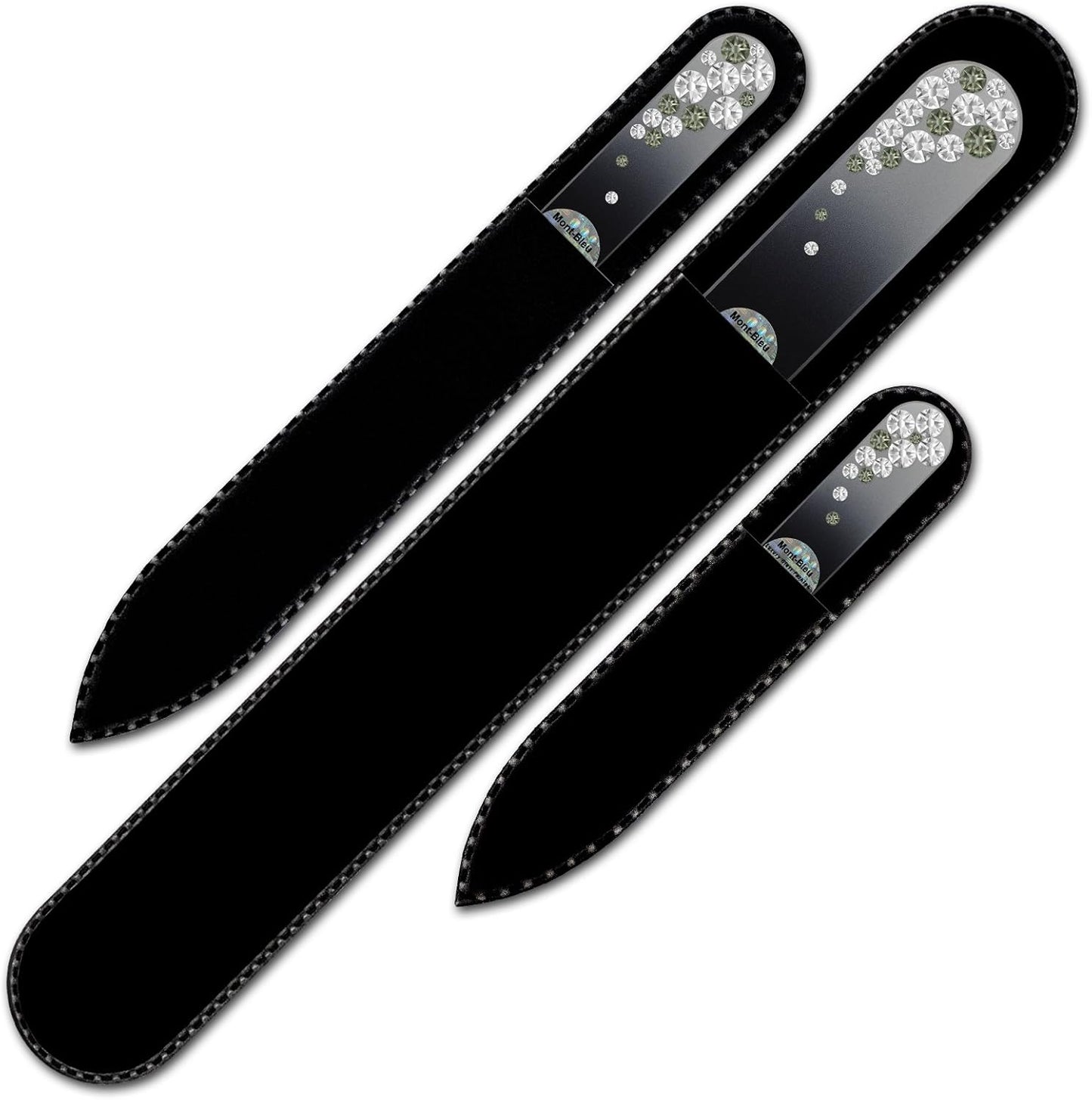 Mont Bleu Set of 3 Glass Nail Files Hand Decorated with Crystals - Handmade Gifts - Czech Tempered Glass - Crystal Nail Files for Natural Nails - Premium Nail Filer Kit