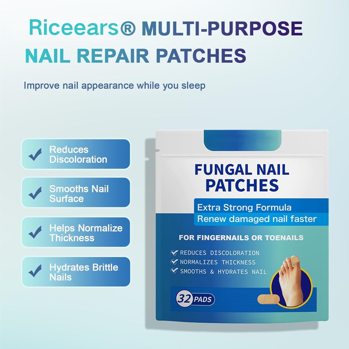 Fungal Nail Patches - 32 PCS, Toenail Fungus Treatment Extra Strength for Thick, Brittle and Discolored Toenail, Nighttime Care with Natural Ingredients, Nude-Colored Patches (Blue)