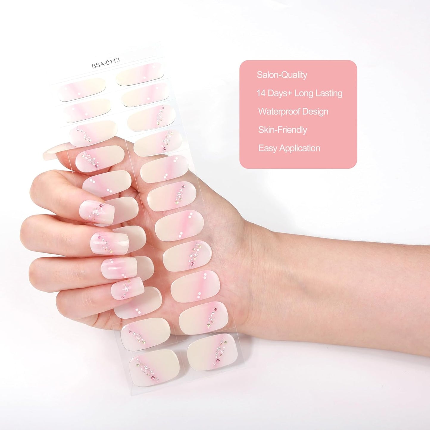 No Lamp Gel Nail Strips 22 Pcs Wraps - Swoosh Pink, Easy Apply Gel Nail Stickers Long Lasting, Salon-Quality, 2 Prep Pads, 1 File, 1 Wooden Stick