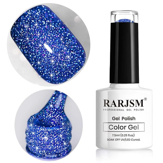 RARJSM Reflective Glitter Gel Polish Royal Blue Sparkle Iridescent Rainbow Shimmer Dark Blue Nail Polish 7.5ml Soak Off Sparkle Flash Disco Diamond Salon DIY Home Manicure