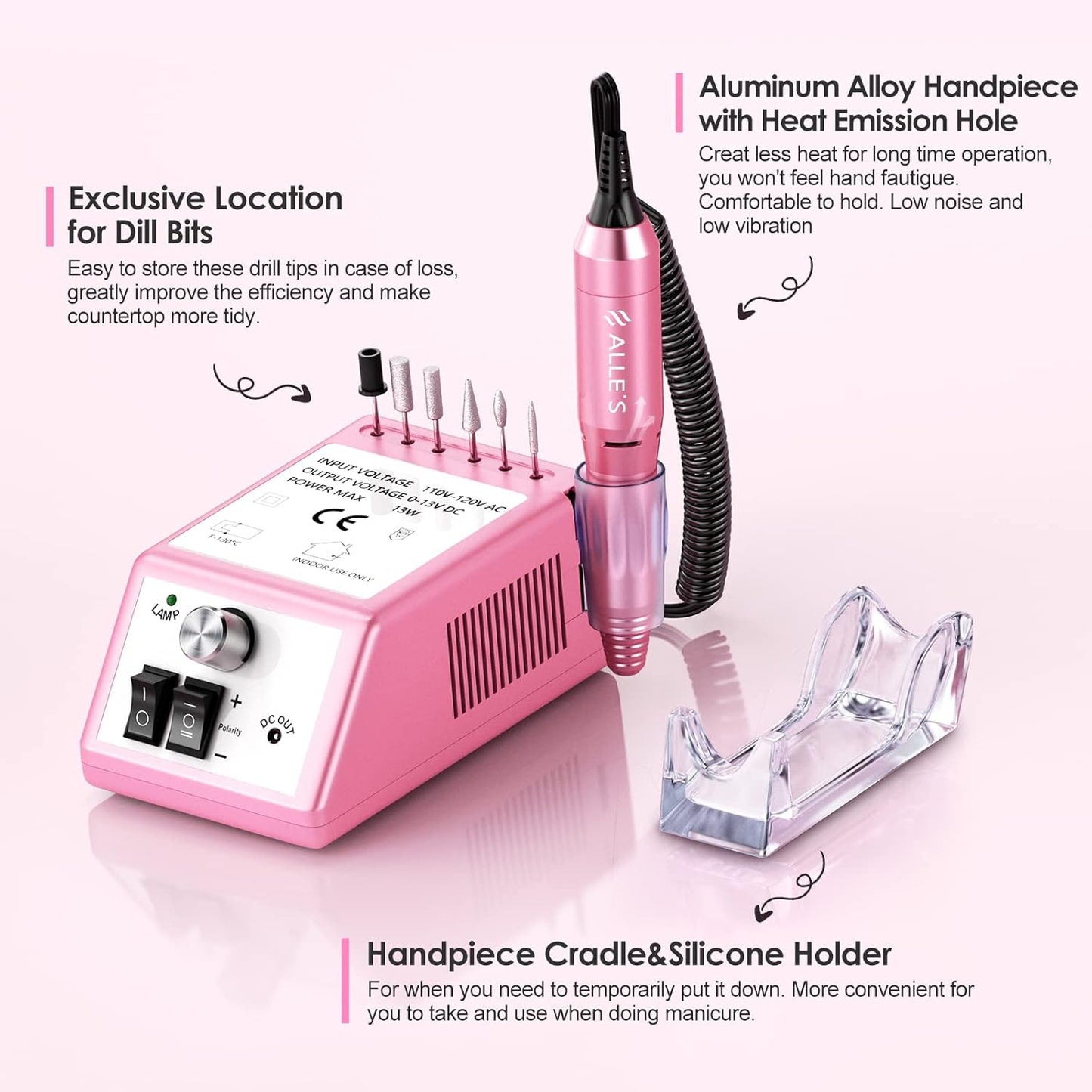 Professional Nail Drill Machine 20000 RPM Efile Electric Nail Filer Kit for Finger Toe Nails, Acrylic Gel Nails, Manicure Pedicure Drill with 6Pcs Nail Bits, 106Pcs Sanding Bands - Pink