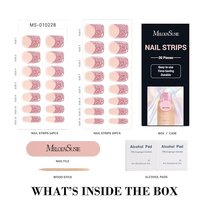MelodySusie 30PCS Semi Cured Gel Nail Strips (Pink Glitter French Tips), Salon Quality, Long Lasting, Easy to Apply and Remove, Includes 2 Prep Pads, Nail File and Wooden Stick