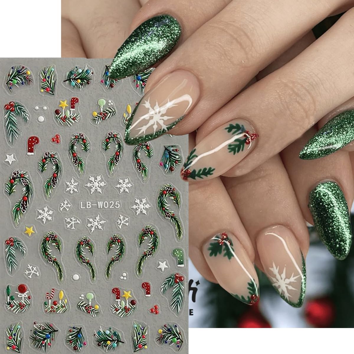 Christmas Nail Art Stickers Holly Leaf Snowflakes Nail Stickers 4PCS 5D Embossed Xmas Nail Decals Christmas Tree String Light Star Candy Cane Xmas Nails Art Design Supplies Adhesive Sliders for Women