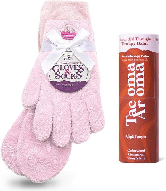 Purple Canyon Moisturizing Socks & Gloves and Heel Balm Foot Care Kit | Pink Socks and Gloves Infused with Aloe Vera and Vitamin E | Cracked Heel Treatment for Self Care