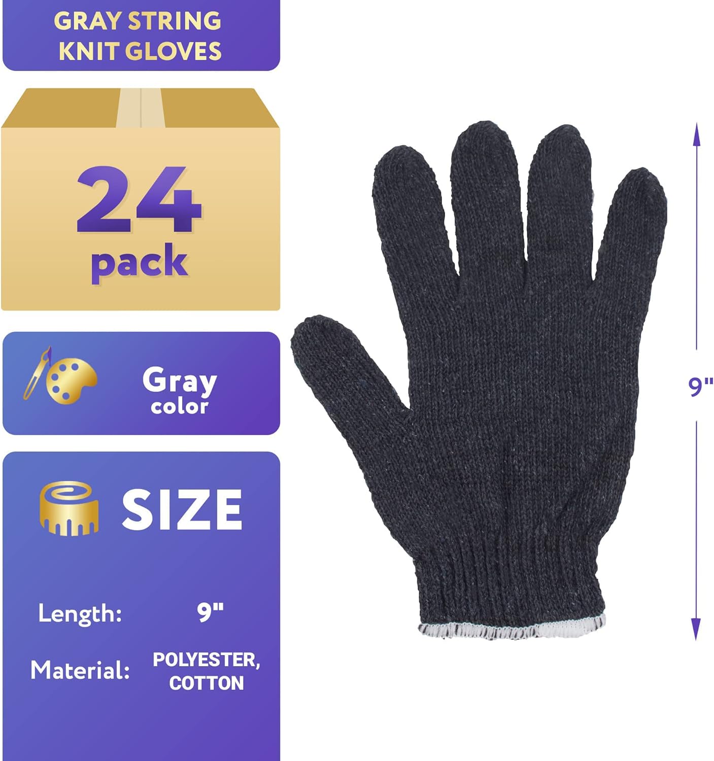 Gray Work Cotton Gloves for Men and Women, 9 Inches. Pack of 24 (12 Pairs) String Knit Work Gloves with Elastic Knit Wrist. Machine Washable Cotton Polyester Gardening Gifts