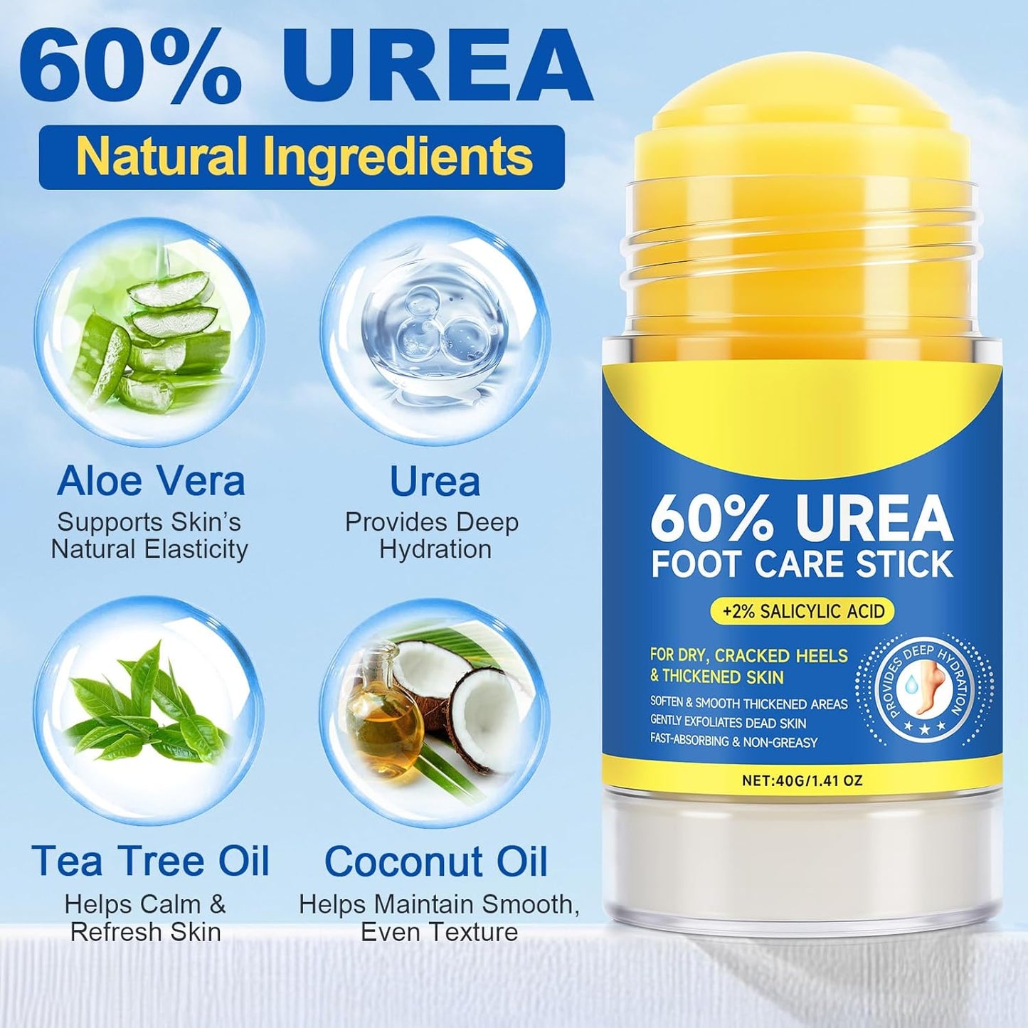 Urea Foot Care Stick - 60% Urea with 2% Salicylic Acid, 1.41oz - Moisturizer for Dry Cracked Feet,Knees,Elbows & Hands,Hydrating Cream,Callus Remover & Skin Softener,Soothes & Repairs Dry Skin