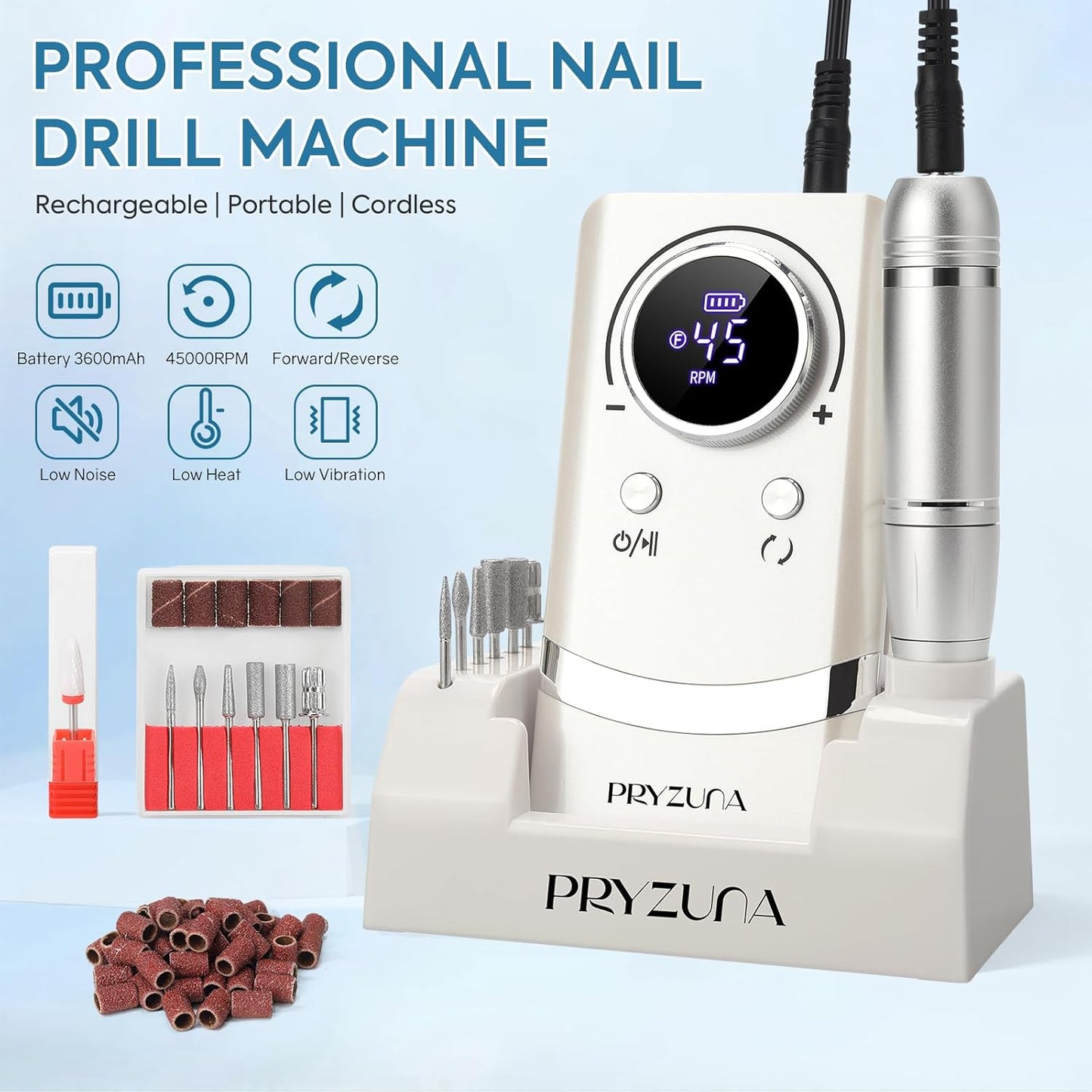 Professional Electric Nail Drill File 45000RPM, Cordless Nail E-File Machine with 7 Drill Bits, 56 Sanding Bands & Base, Portable Rechargeable Nail Drills for Acrylic Nails Gel Polishing (White)
