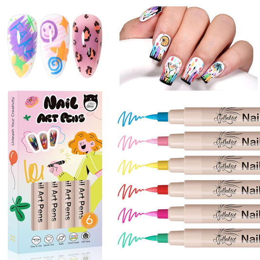 6 Colors Nail Art Pens Set, Halloween Neon 3D Nail Polish Pens 0.7mm, Quick-Drying Acrylic Paint Markers, Dotting Liner Brush for DIY Nail Design, Home & Salon Manicure Tools Beginners Gifts