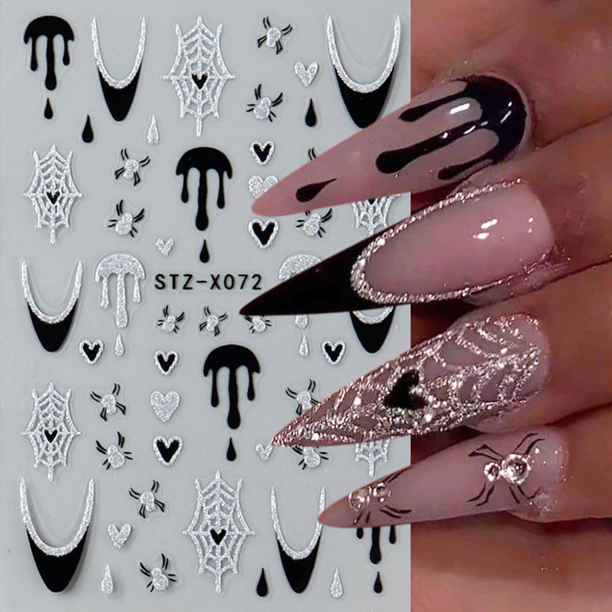 Halloween Nail Art Stickers 3D Self-Adhesive Halloween Nail Decals Nail Art Supplies 6PCS Black White Butterfly Wing Bone Ghost Face Glitter Spider Manicure Stickers for Women DIY Nail Decorations