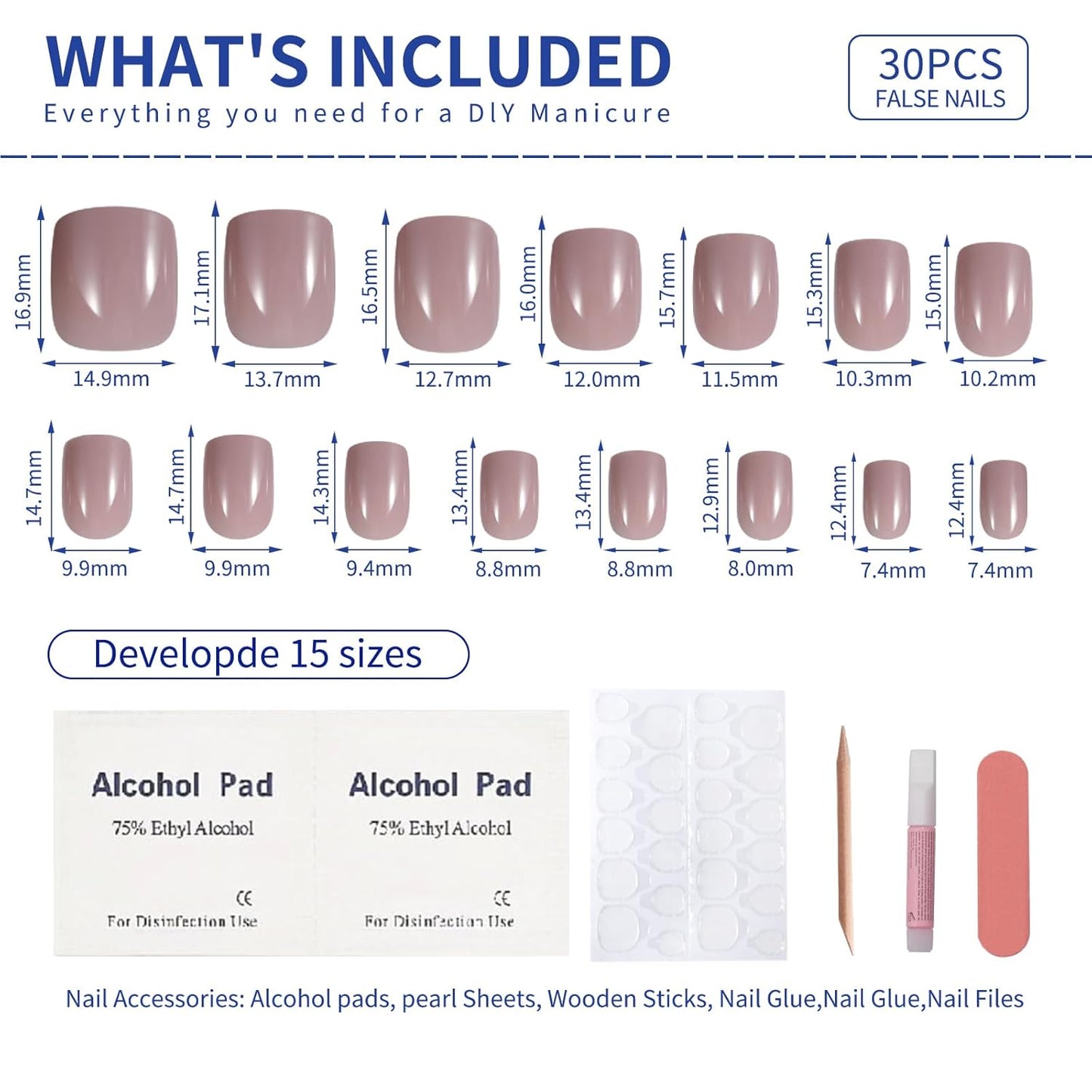Caramel Beige Press On Nails Short, Glossy Soft Gel Press On Nails Square with Nail Glue, 15 Sizes - 30 Fake Nails Kit, Thick Natural Reusable Glue On Nails for Women, Silken Caramel