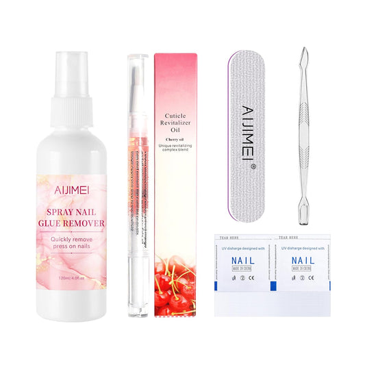 Spray Nail Glue Remover & Cuticle Oil Pen Set Press on Nail Remover Glue off Remove Nail Care Nails Art Tools with Nail Polish Remover Pads (set1)