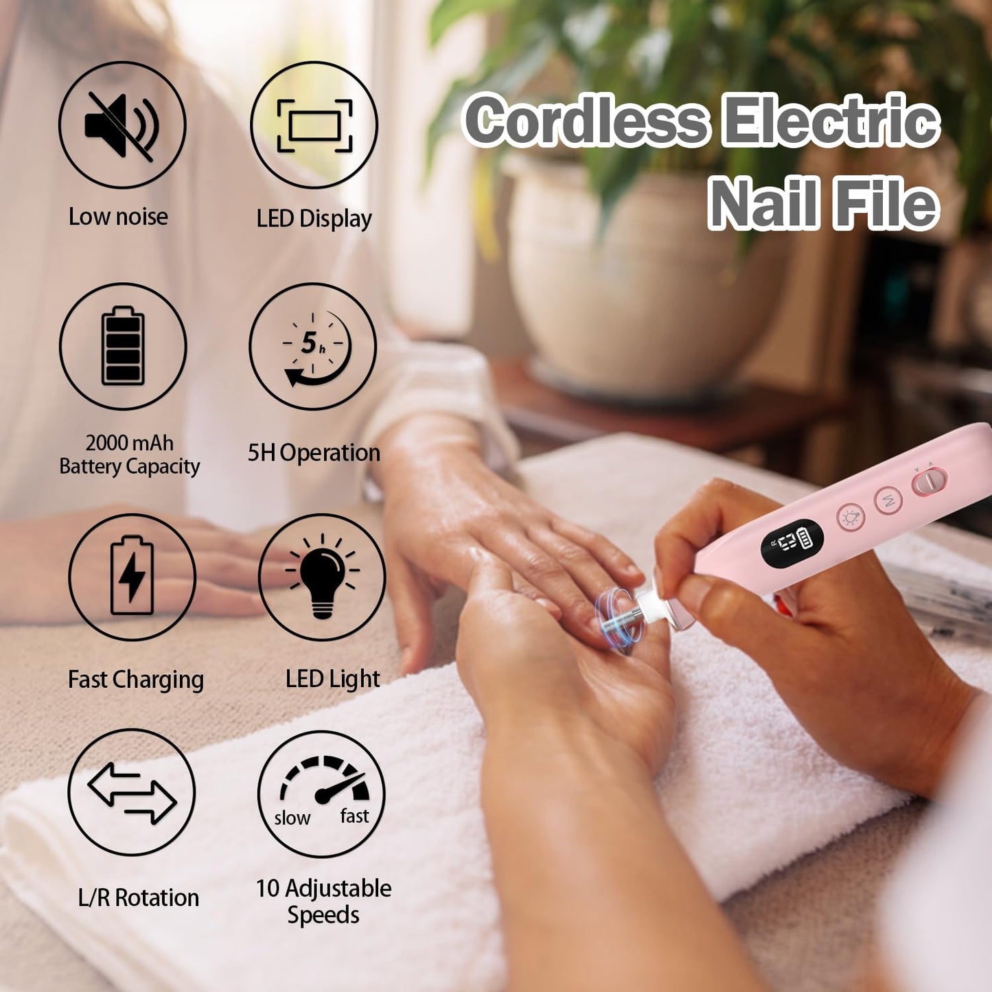 Electric Nail File, 10 Speeds Cordless Nail Drill with LED Light, Portable Manicure Pedicure Kit for Acrylic Gel Nails Thick Toenails Nail Grind, Hand Natural Nails Care - 10 Bits & 120 Sanding Bands