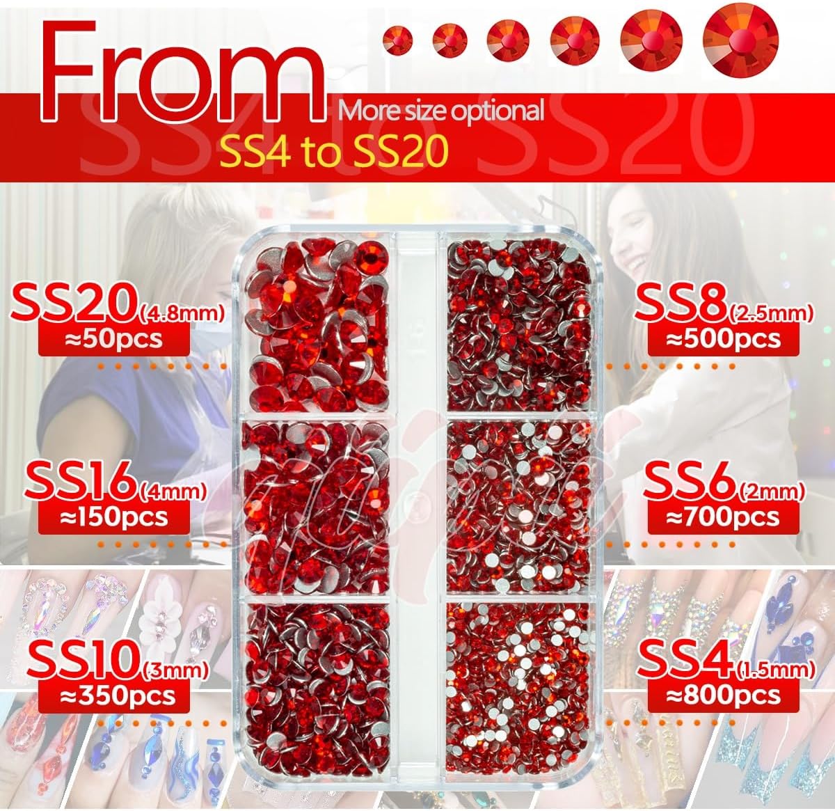 2550pcs Red Nail Art Flatback Rhinestones for Face Makeup Siam Red Nail Gems Gemstones K9 Glass SS4~SS20 6 Sizes Ruby Red Diamonds Stones Crystals w Tweezer & Picking Pen for Nails DIY Crafts