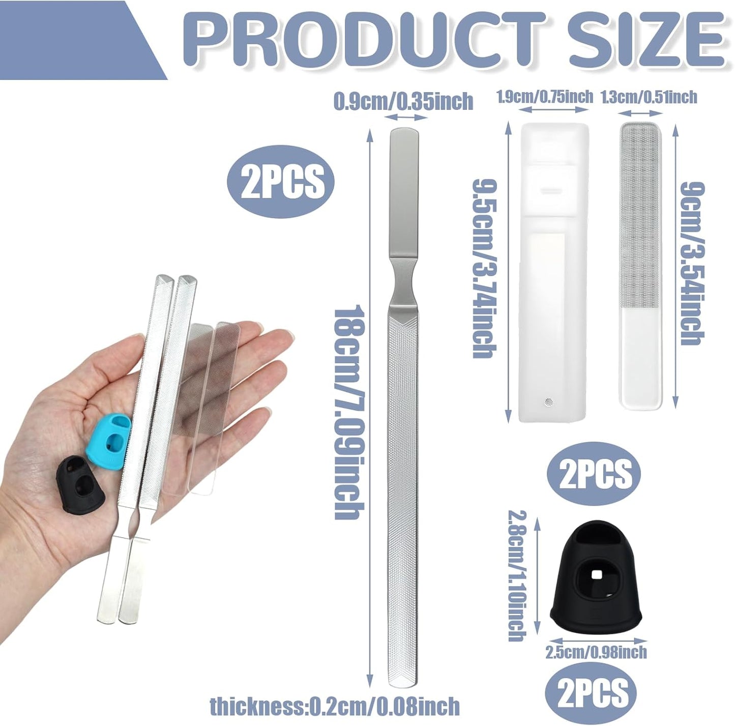 6 Pcs Stainless Steel Toenail File for Thick Nails with 4 Sided Heavy Duty Nail File Surface, Includes 2 Bright Nail Buffers and 2 Thumb Protectors for Tough Toenails Care