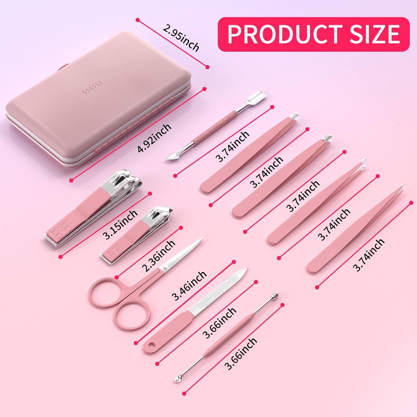 Manicure Set 10 in 1 Stainless Steel Nail Clippers Scissors Tweezers Grooming Kit with Travel Case (Pure Pink)