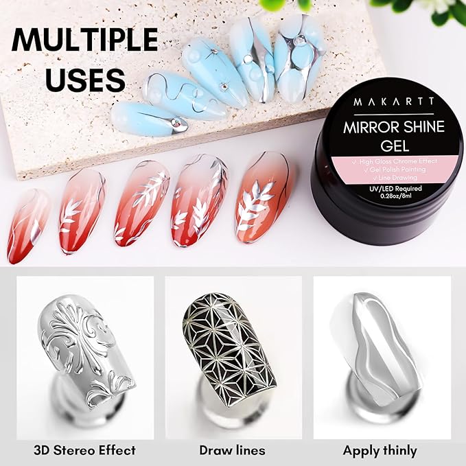 Makartt 8ml Mirror Shine Gel- Metallic Gel Nail Polish, Silver 3D Metal Painting for Nail Art Soak off UV/LED Glossy Mirror Effect Nail Glue for Home Salon DIY Manicure