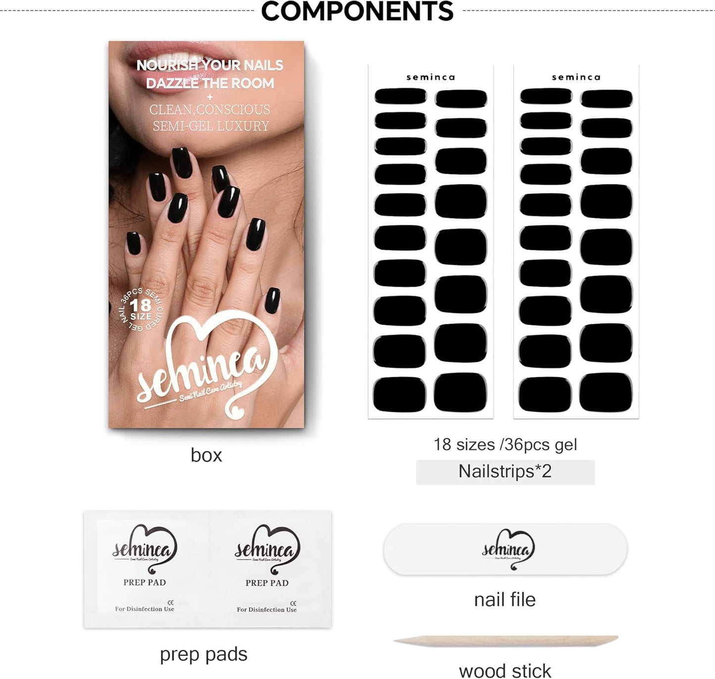 Semi Cured Gel Nail Strips-Gel Nail Stickers with UV Light Required Glossy Salon Look Fast-Easy Apply and Peel Off,Chip Free Manicure Kit,Works with Any UV/LED Lamps(Onyx)