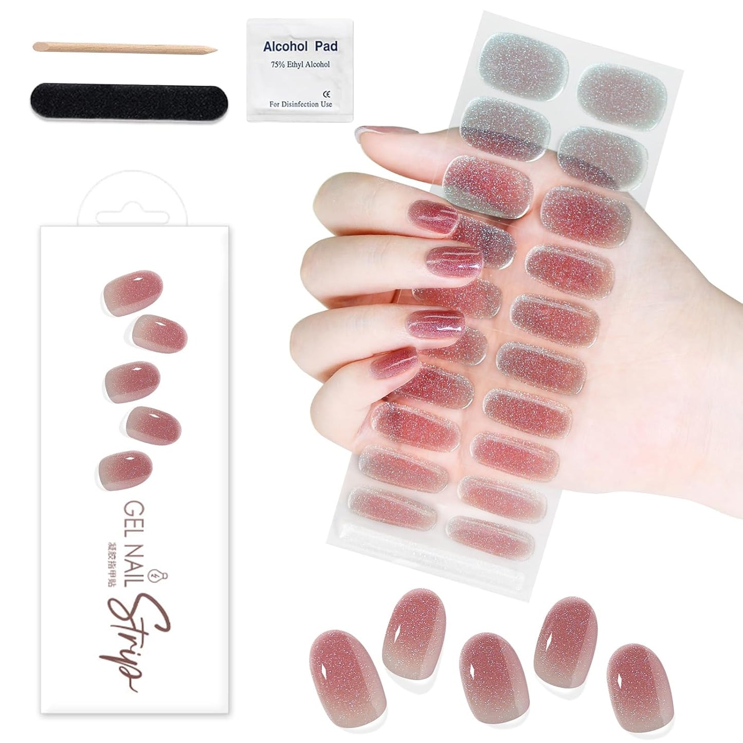 WOKOTO 1 Sheet Semi Cured Gel Nail Strips With Wood Stick, Nail File & Prepared Pads, 20 Tips Transparent Red Glitter Semi Cured Nail Polish Strips Stickers, Harden With UV Light Gel Nail Stickers
