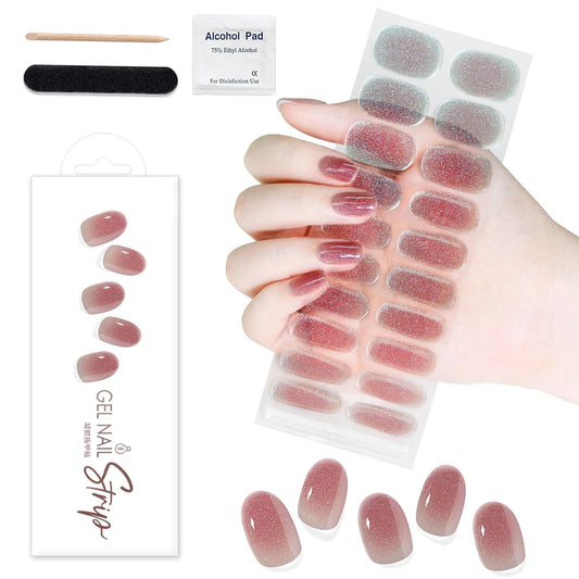 WOKOTO 1 Sheet Semi Cured Gel Nail Strips With Wood Stick, Nail File & Prepared Pads, 20 Tips Transparent Red Glitter Semi Cured Nail Polish Strips Stickers, Harden With UV Light Gel Nail Stickers