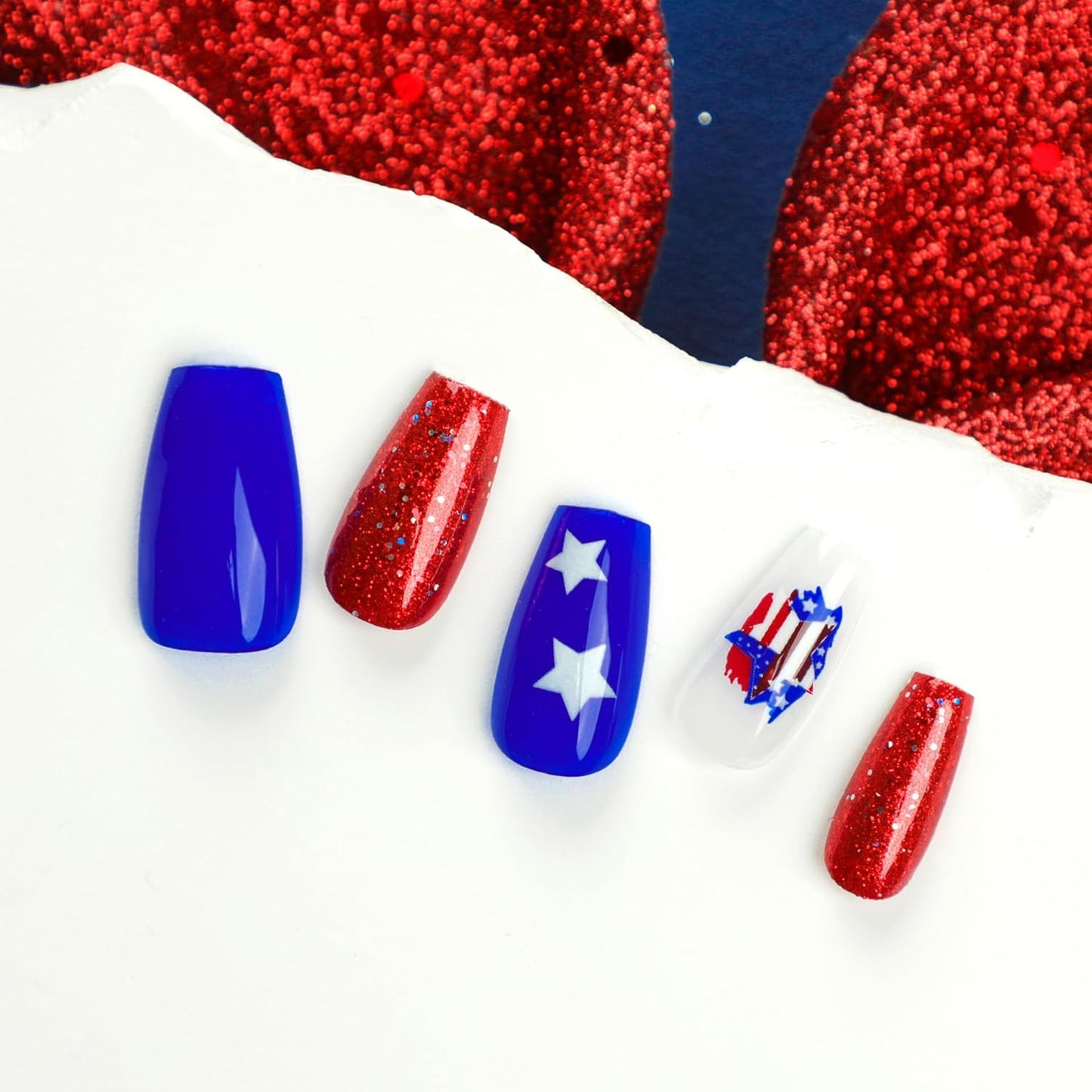 Independence Press On Nails Medium Coffin, 4th of July Fake Nails with Red, Blue, Stars, and USA Flag Accents, Glossy Gel Finish Acrylic Press Ons, Thick Reusable Glue On Nails Kit for Women, 24Pcs