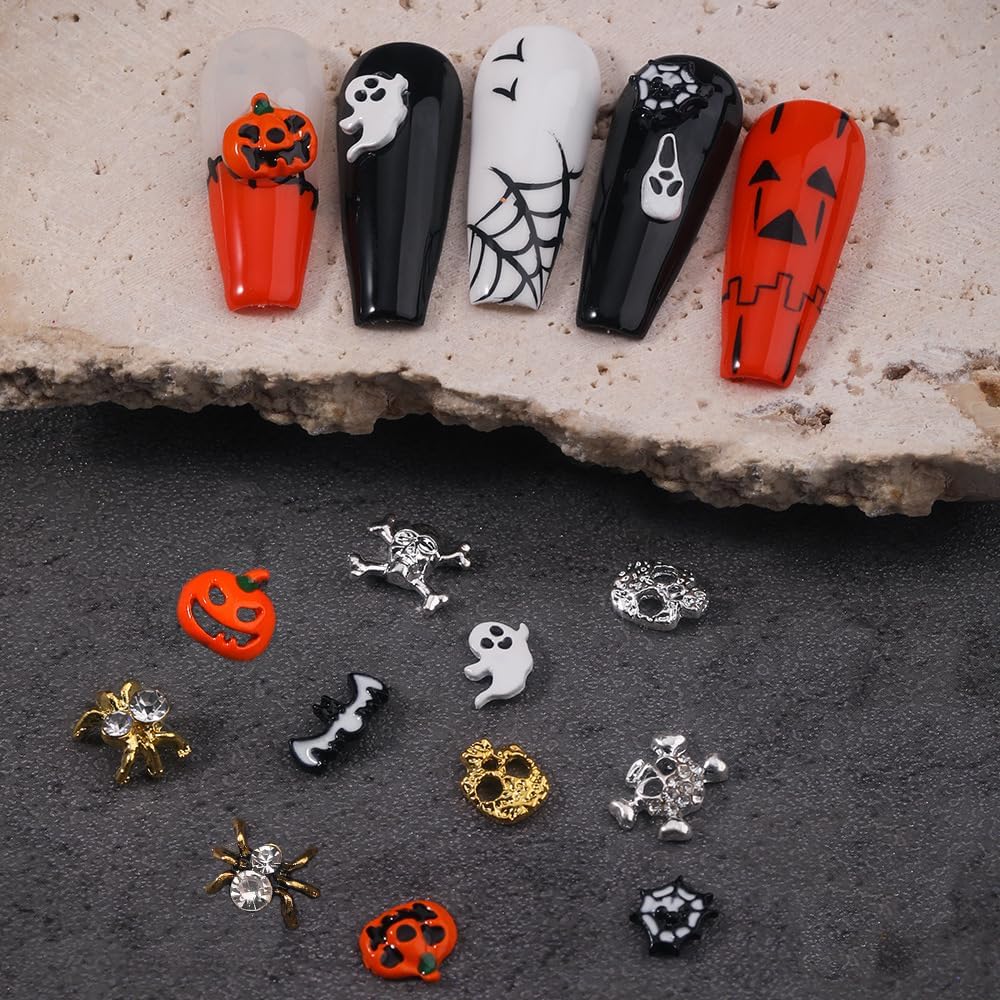 30Pcs Halloween Nail Charms Ghost Pumpkin Nail Art Charms Gold Silver Skull Spider Web Bat Nail Gems Halloween Nail Art Supplies Alloy Nail Art Decoration for Acrylic Nails for Women Girls