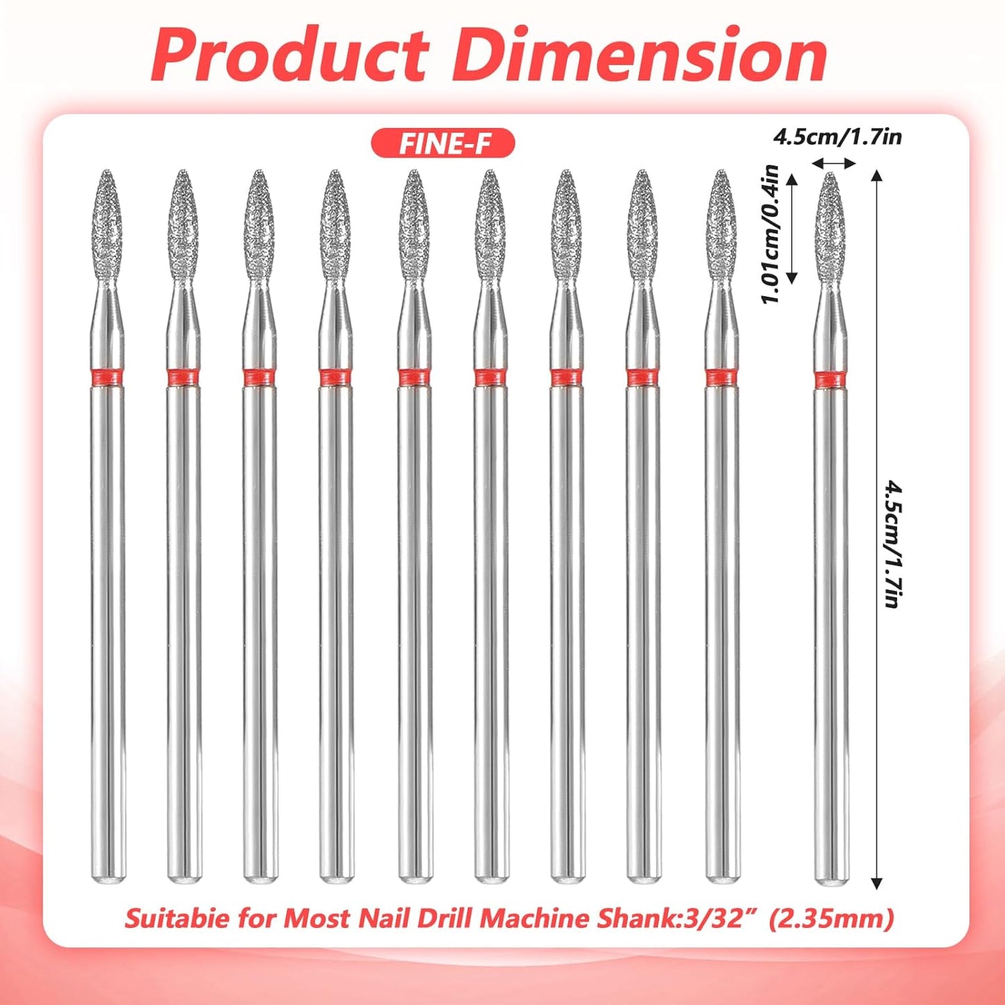 10pcs Diamond Flame Cuticle Drill Bits Set for Dead Skin 3/32'' Nails, Professional Safety Under Nail Cleaner Burr for Cuticle Dead Skin, Dry Manicure Pedicure Shape Remove Nail Salon Toolsv