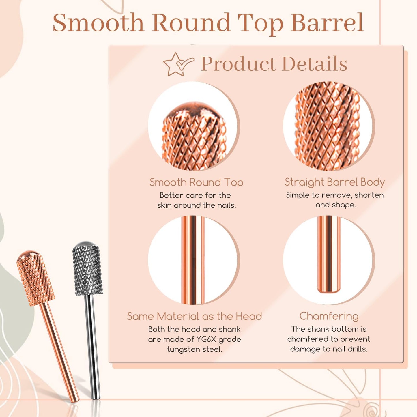 Dill Bits for Nails 2 PCS, 3/32'' Safety Nail Drill Bits, Smooth Top Carbide Bits for Acrylic, Soft Gel, MEDIUM Nail Bit Set for Manicure Pedicure, Beginners Bits, Rose Gold & Sky Grey (M)