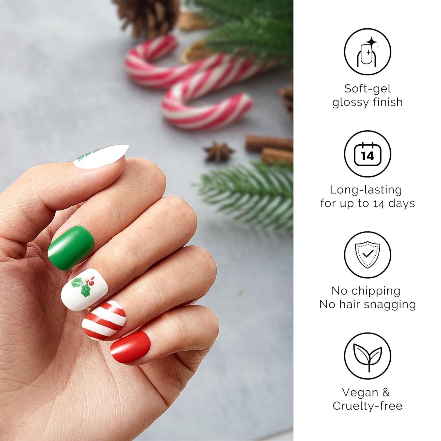 NAILOG 20 Pcs Gel Nail Strips - Extra Long Nail Wraps with Glossy Gel Finishing Green, Festive Fir